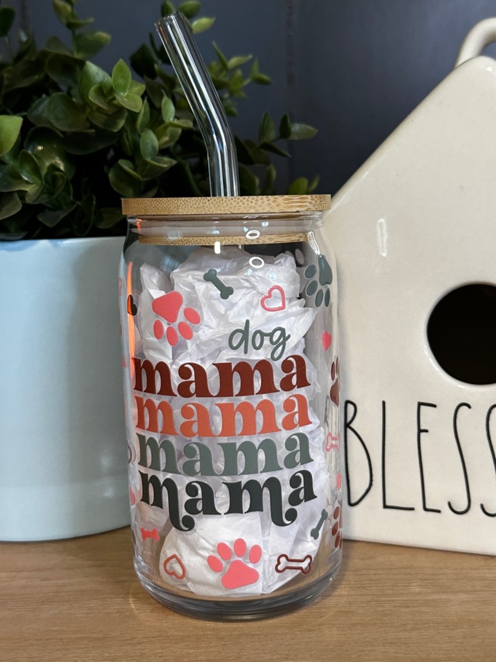 Dog Mama 16 oz Glass Tumbler with Glass Straw